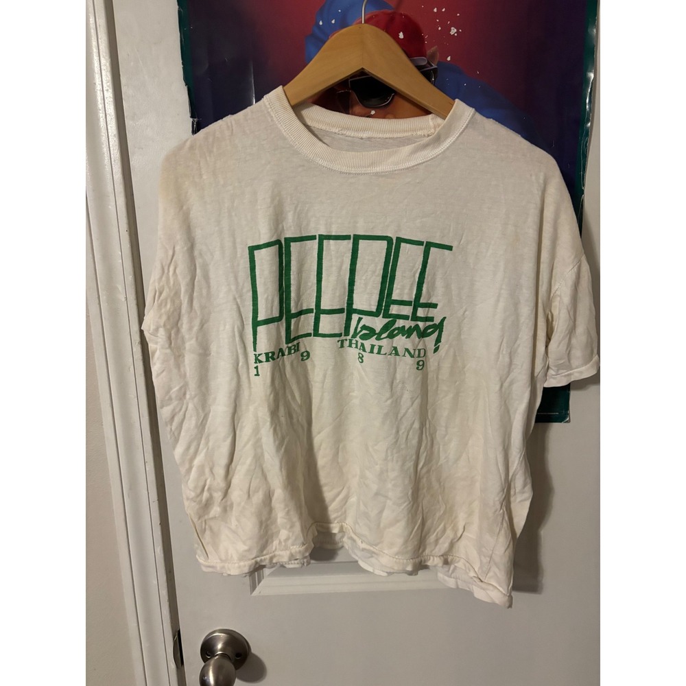 Vintage 1989 Pee Pee Island Krabi Thailand T-Shirt White Green Graphic L/XL
